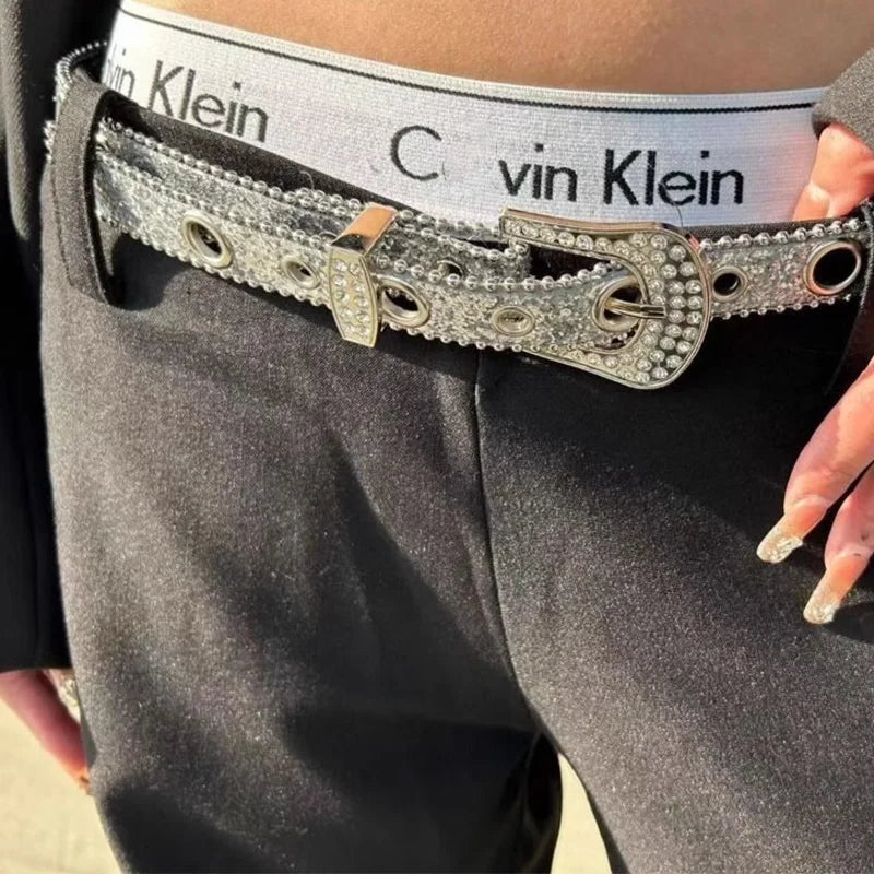 Gothic Black Silver Metal Buckle Rhinestone Belt Luxury Desiner Four Seasons Y2K Womens Jeans Belt Plus Size Men's Waistband
