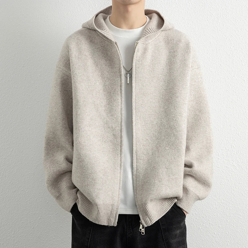 Legible Autumn Winter Casual Sweaters Men Solid Color Hooded Sweatercoats Male Loose Zip-up Knitted Cardigan Man