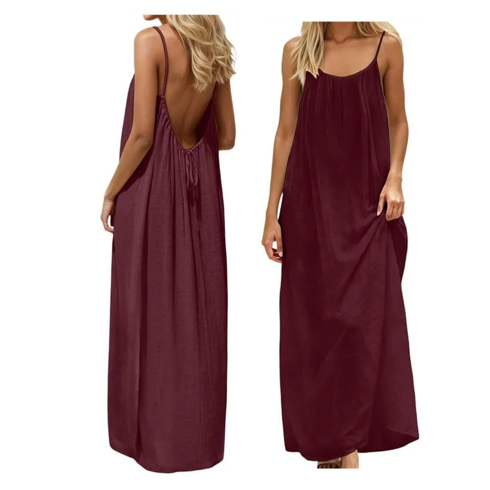 Women's 2026 Summer Ice Silk Crepe Maxi Dress, Solid Color Backless Ruched Spaghetti Strap Casual Long Dress for Beach Vacation