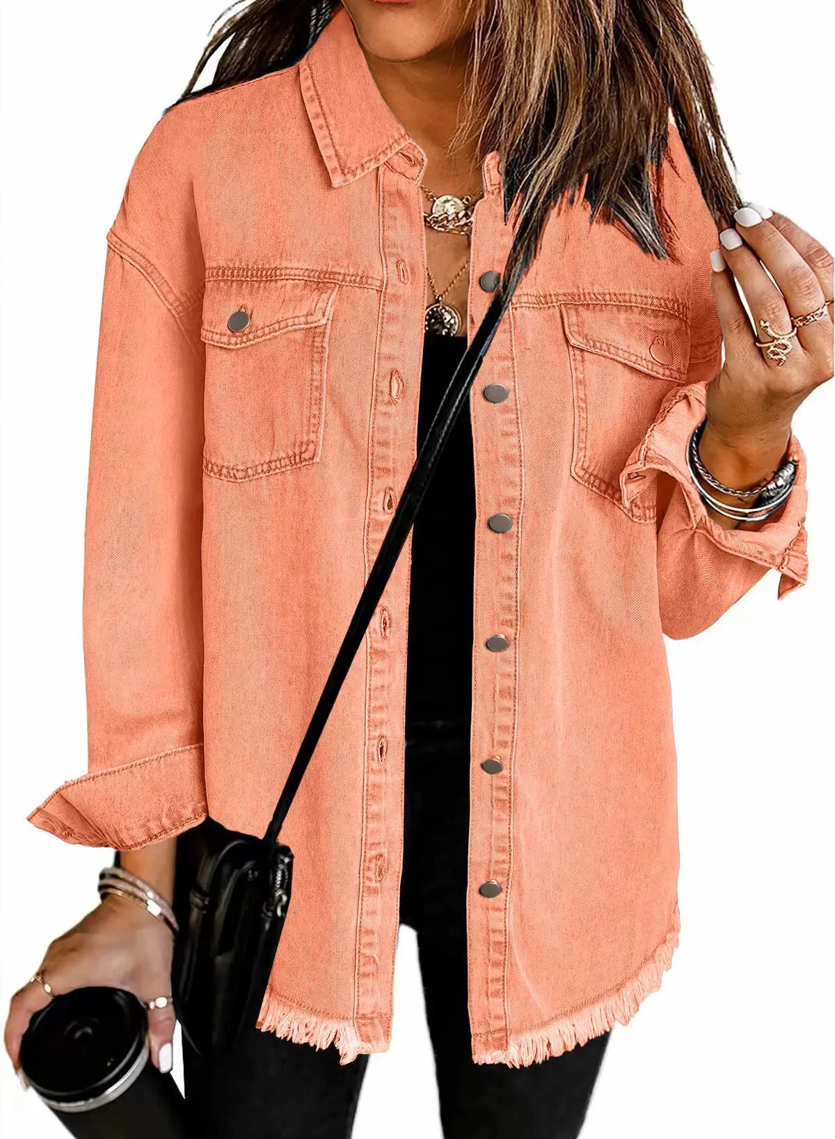 Autumn Winter New Women's Outerwear Denim Shirt Jacket Washed Finish Distressed Hem Single Row Buttons Pockets Street Fashion