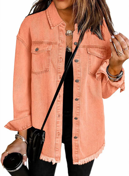 Autumn Winter New Women's Outerwear Denim Shirt Jacket Washed Finish Distressed Hem Single Row Buttons Pockets Street Fashion