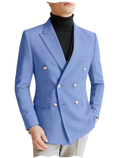 Men's Linen Blazer Double Breasted Slim Fit Breathable Suit Jacket Business Casual Gentlemen Coat Formal Wedding Party Dress