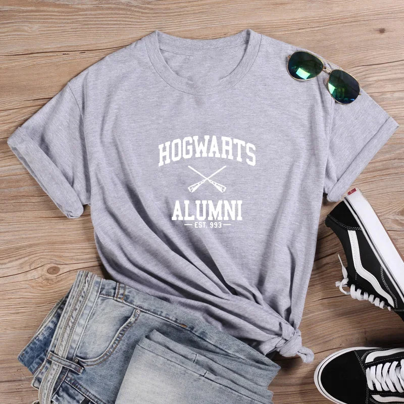 Harajuku Ladies Top Tee Shirt Femme Black White Hogwarts Fashion T-shirt Summer Harajuku Sleeve Casual Aesthetic Clothes