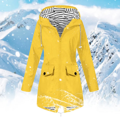 Waterproof Windproof Rain Jacket Womens Fall Winter Striped Lined Mid Length Rain Coat Long Sleeve Zip Up Overcoat Cold Weather