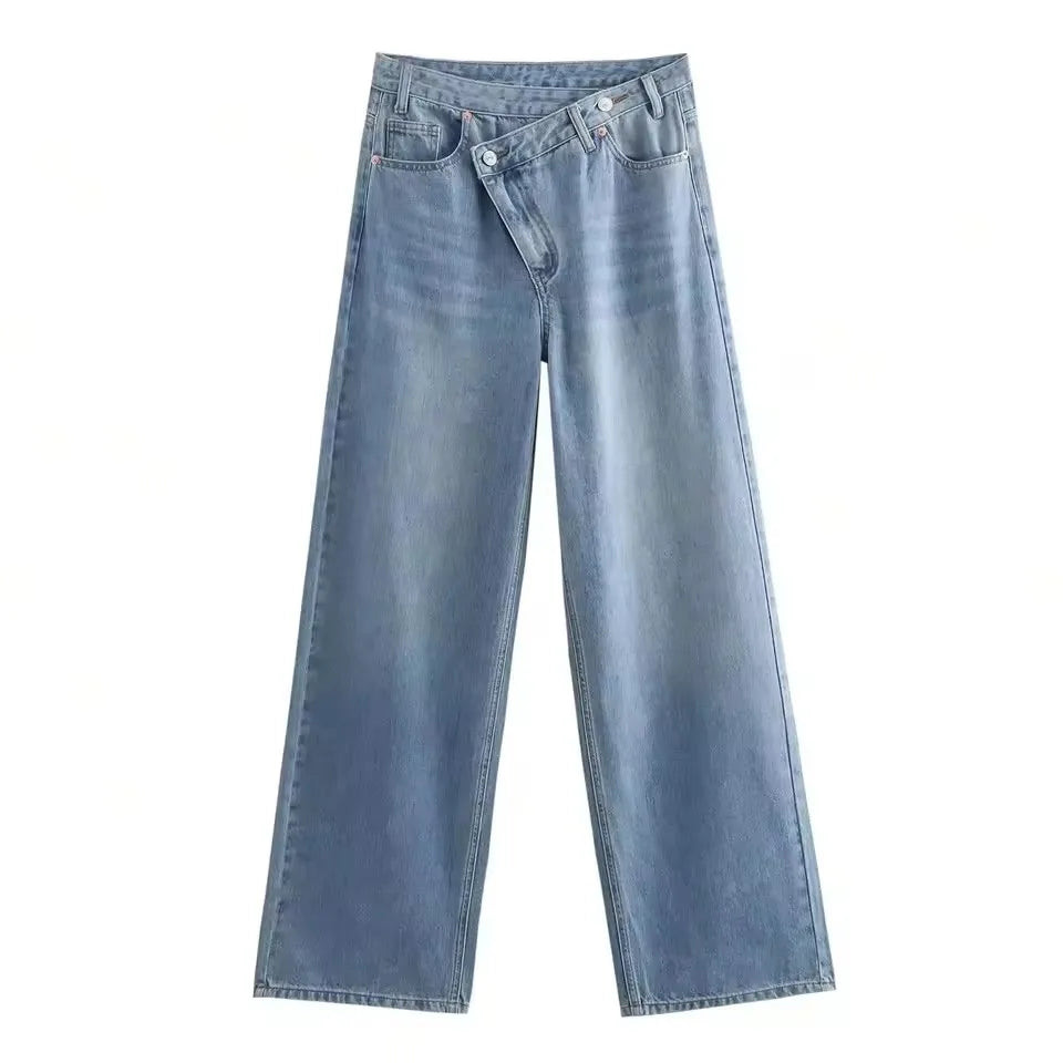 HH Women Vintage Cross Waist Wide Leg Jeans High Waist Asymmetrical Button Fly Baggy Denim Pants For Retro Street Style