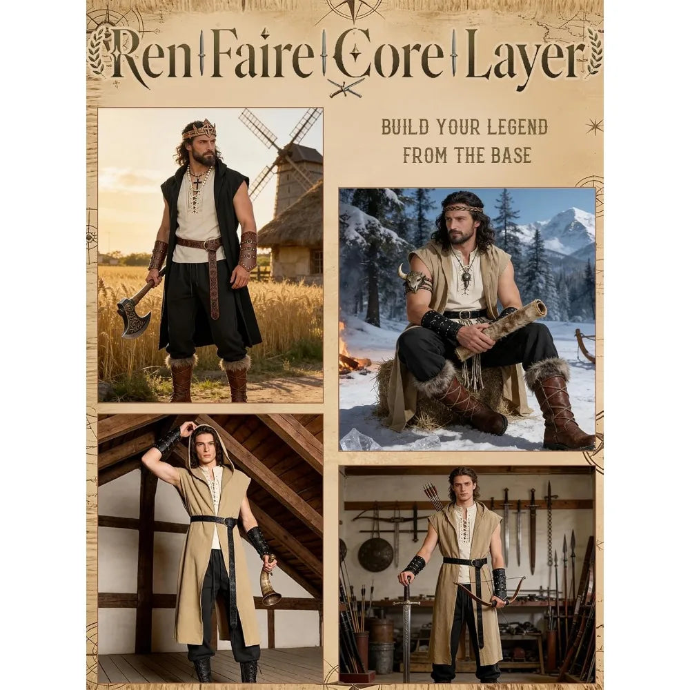 Men's Pirate Costume 8PCS Renaissance Sleeveless Shirt Ankle-Banded Pants Sash Belt & Accessories for LARP Cosplay