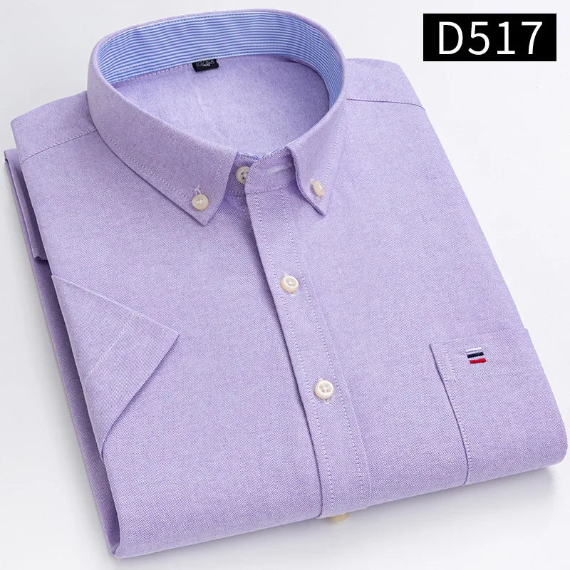 New Men's Social Shirt Short Sleeve 100% Pure Cotton Oxford Soft Buttoned Plaid Formal Male Clothes Pocket Social Shirt S-7XL