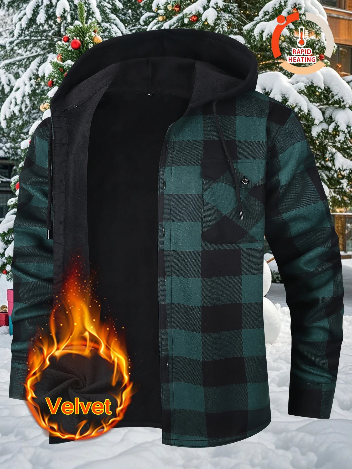 Men's Plaid Sherpa-Lined Hooded Jacket, 2025 New Winter Warm Fleece Loose Fit Long Sleeve Coat, Casual Outdoor Zip Up