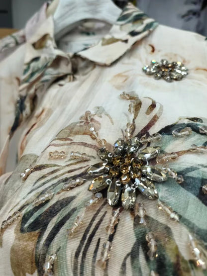 Luxury Design Summer Sparkle Diamonds Crystal Stitch Lightweight Sunscreen Shirts Blouses for Women's Thin Top Woman Clothing