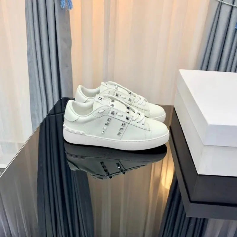 Casual Versatile Leather Sneakers Unisex Trendy Rivet Decorated Sport Shoes Breathable Comfortable Massage Function for Couples