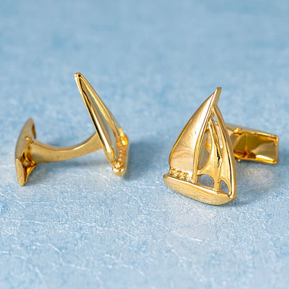 Fashion Sailing Boat Cufflinks Gold Metal Cuff Button White Blue Enamel Jewelry For Men Suit French Shirt Business Groom Gifts