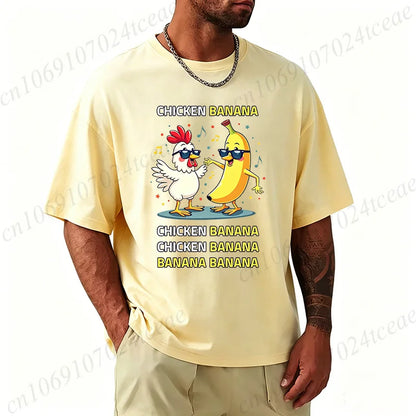 Unisex Chicken Banana Meme T Shirt Funny Cartoon Chicken Banana with Sunglasses Graphic Tee Music Short Sleeve Oversized Tops