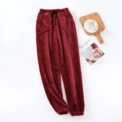 Men Sleep Pants Warm Pants Long Pants Fall Winter Flannel Elastic Cuff Loungewear Pants Loose Fit
