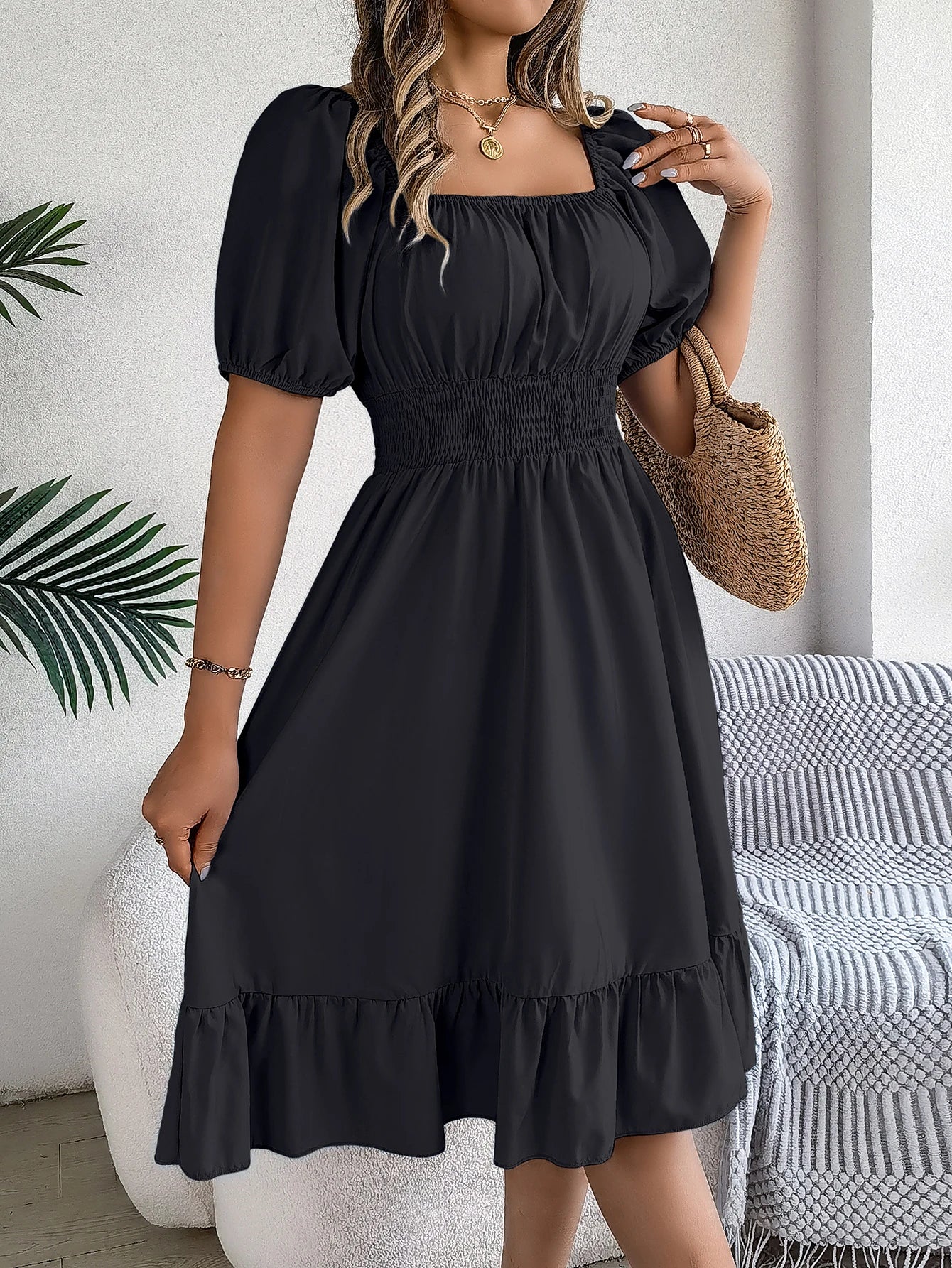 Spring Summer Elegant High Waisted Dress Square Neck Short Sleeved Ruffled Edge Long Dresses 2026 Valentine's Day Woman Clothing