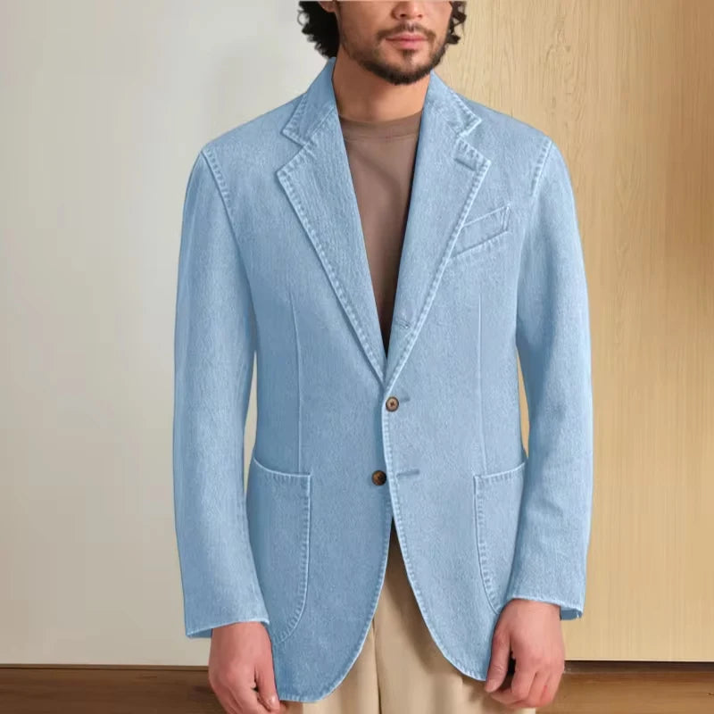 Men's Stretch Denim Blazer Classic Fit Notch Lapel 2 Button Suit Jacket Soft Breathable Business Casual Sport Coat with Pockets