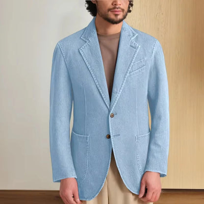 Men's Stretch Denim Blazer Classic Fit Notch Lapel 2 Button Suit Jacket Soft Breathable Business Casual Sport Coat with Pockets