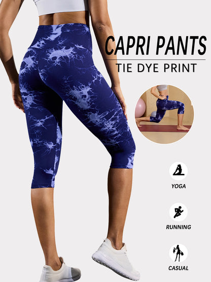 Super Soft High Waisted Tie Dye Sport Capri Pants for Women No See Through Workout Running Yoga