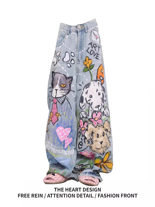 Doodle-printed Jeans American Casual Style Vintage Straight-cut Loose-fitting High-street Wide-leg Pants Y2k Baggy Jeans Ladies