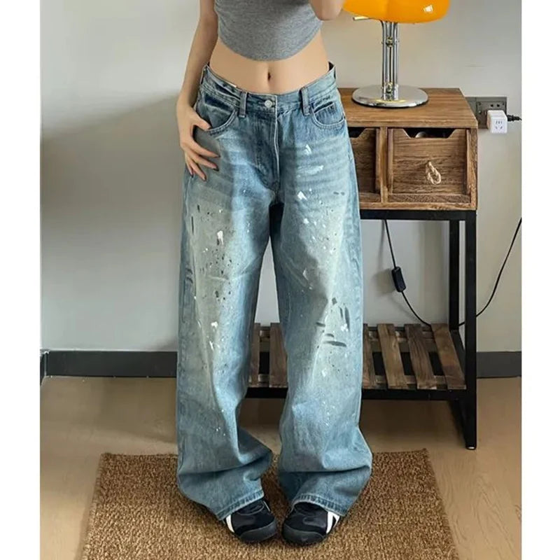 Women Designer High Waisted Jeans Pants Female Chic Print Baggy Denim Pants Girls Fashion Thin Straight Leg Jeans Trousers