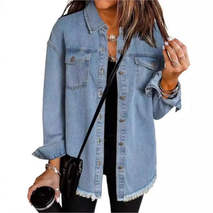 Autumn Winter New Women's Outerwear Denim Shirt Jacket Washed Finish Distressed Hem Single Row Buttons Pockets Street Fashion