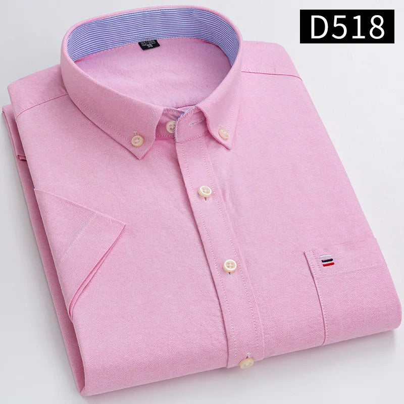New Men's Social Shirt Short Sleeve 100% Pure Cotton Oxford Soft Buttoned Plaid Formal Male Clothes Pocket Social Shirt S-7XL