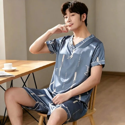Men Summer New Fashion Print Pajamas Set Plus Size V-Neck Short Sleeve Shorts Men's Sleepwear