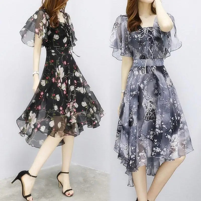 Women floral Chiffon Flower Dress 2026 trends new in Ladies Elegant V Neck short Sleeve korean style Summer Dress Female Clothes