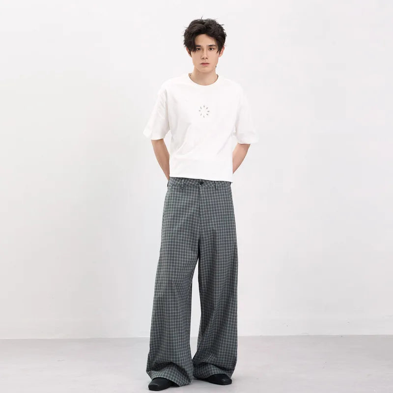 Vintage Pleated Check Trousers Men Relaxed-Fit, Versatile Casual Trousers with a Lazy Vibe Soft Comfortable