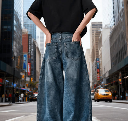 Women Wide Leg Jeans Vintage Y2K Reconstruction Custom Distressed Wash Stripe Denim Pants Trendy Comfort Fit
