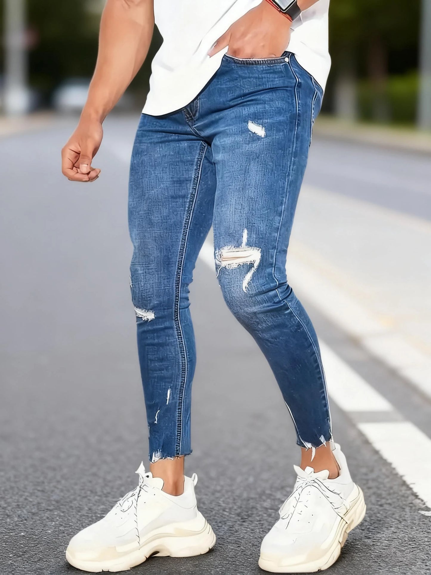 Men's Slim-fit Stretch Denim Pants, Comfortable Elastic Waistband, Casual Street Style,