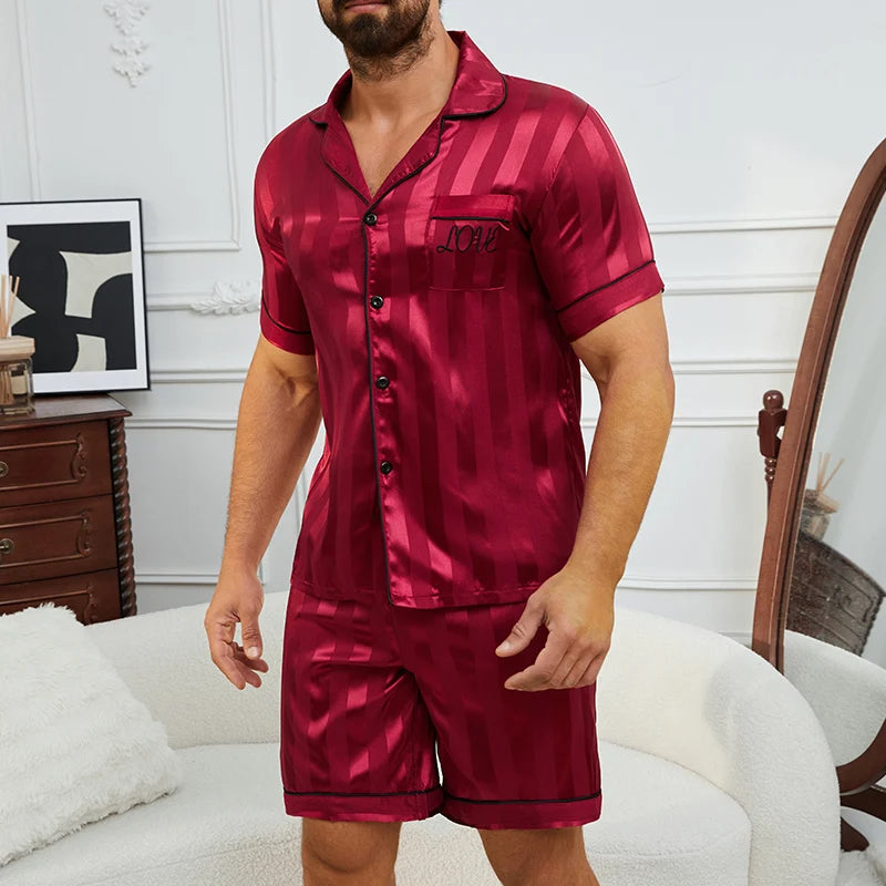 Men's Satin Stripe Print Design Short Sleeve Pajama Set Soft Comfortable Sleepwear