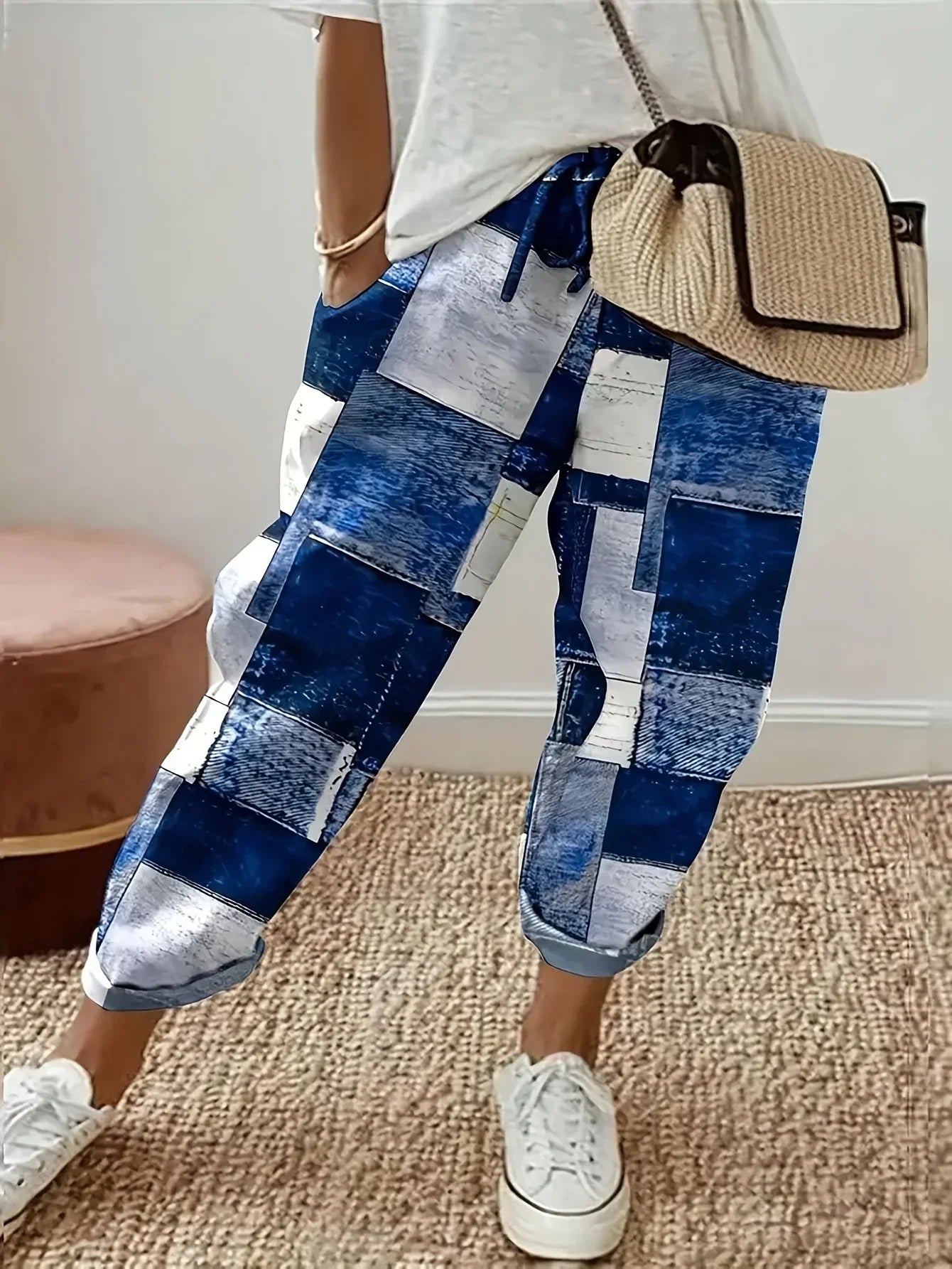 Women's Fashion Plus size 1XL-5XL Printed Flower Pants Ladies Casual Comfortable Loose Pocket Pants Casual Mid-waist Haren Pants