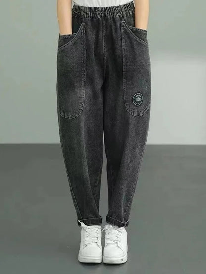 Spring Autumn New Women's Jeans Elastic Waist Loose Fit Slimming Casual