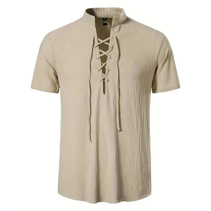 Men's Retro Shirt Short Sleeve Cotton Linen Lightweight Breathable Solid Color Fashion Tops Pirate V-neck Male Stylish Shirts