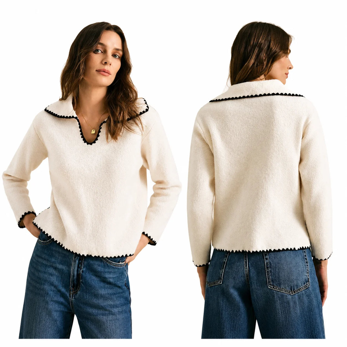 Contrast Trim Peter Pan Collar Sweater for Women, Long Sleeve V‑Neck Loose Fit Knit Pullover Top for Casual Daily Office Fall Winter Wear