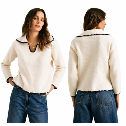 Contrast Trim Peter Pan Collar Sweater for Women, Long Sleeve V‑Neck Loose Fit Knit Pullover Top for Casual Daily Office Fall Winter Wear