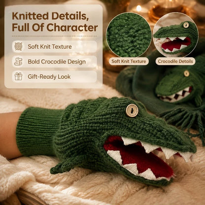 Cute Crocodile Knitted Mittens, Funny 3D Animal Design Warm Winter Full-Finger Gloves, Soft Knit Hand Warmers, Novelty Dress-up Gloves for Women Men, Perfect Christmas Holiday Gift Choice, Ideal for Daily Outdoor Cold Weather
