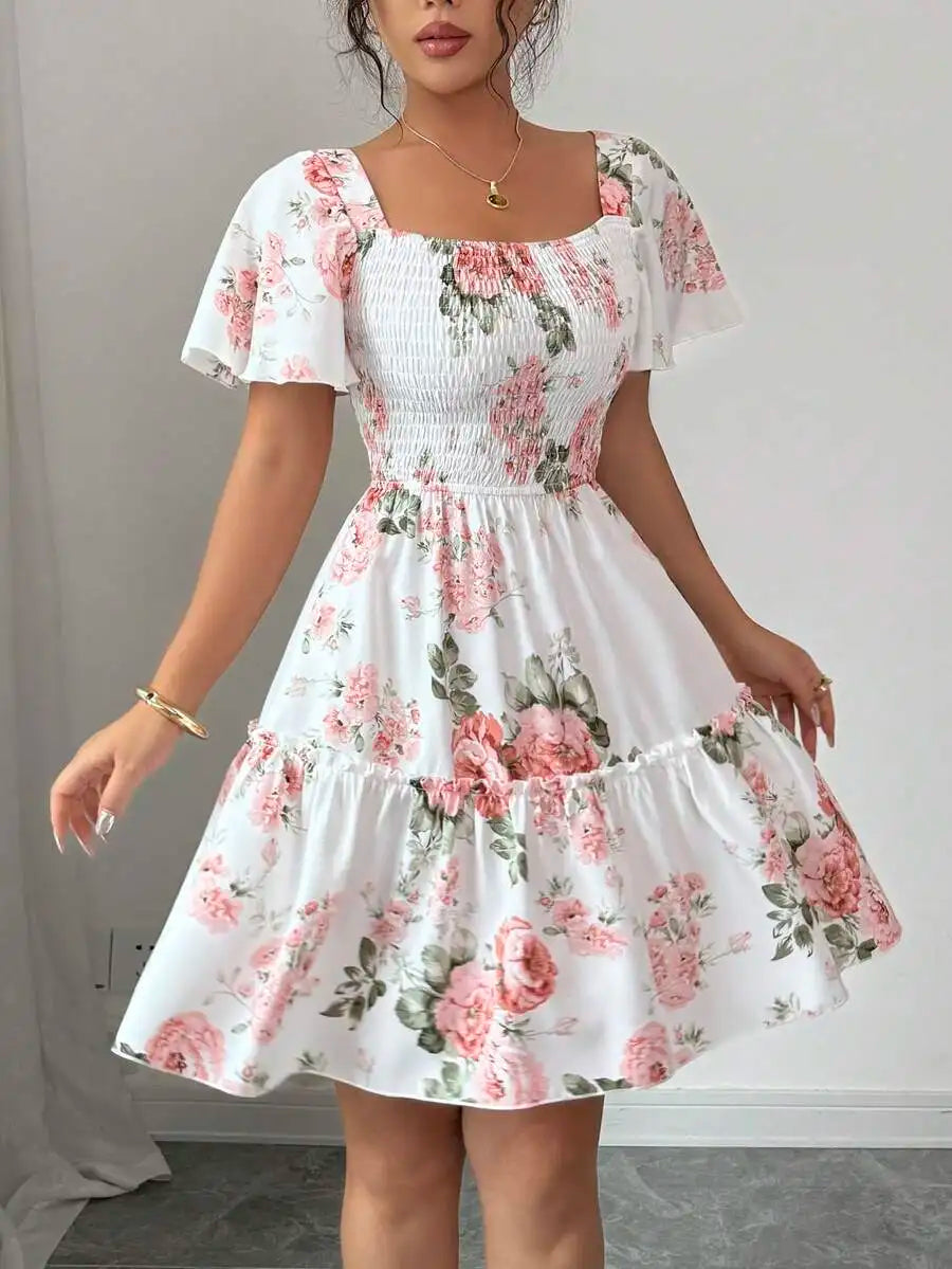 Women Floral Print Sashes Ruffle Hem Short Sleeve Casual Dress, Vacation Style Women's Evening Dresses
