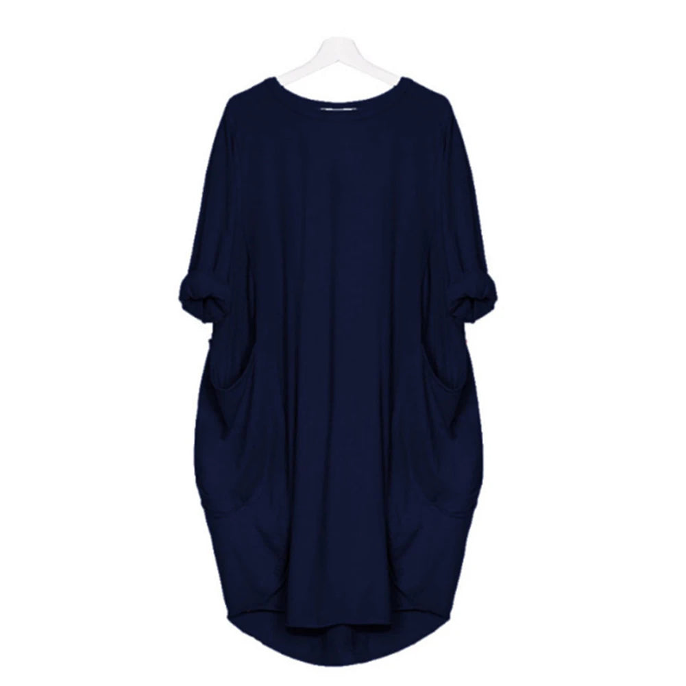 Women's summer casual fashion loose plus size solid color multi-color optional round neck long sleeved dress