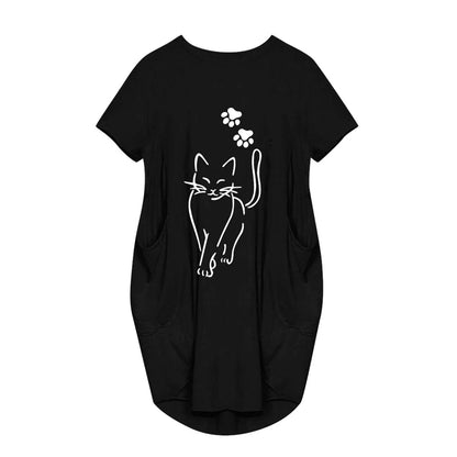 Plus Size Women Short Sleeve O-Neck Loose Casual Dresses Casual Short Sleeve Shirt Mini Dresses Round Neck Pockets Sexy Female T
