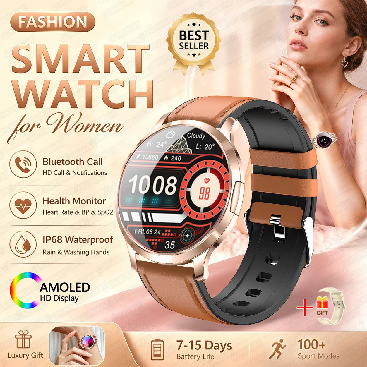 Fashion Women Smart Watch 1.32”AMOLED 100+dials Heart Rate Blood Oxygen Blood Pressure Monitoring Waterproof Give a Gift 2026New