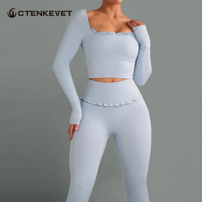 New Summer 2Pcs Women Gym Yoga Female Outfit Outdoor Sports Quick-Dry Long-Sleeved Shirt Set Woman Two-Piece Suit Sportswear