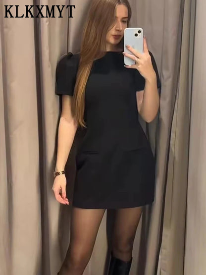 Chic Elegant Women Short Sleeve Mini Dress Slim Fit High Waist Solid Midi Dresses Simple Bodycon Commuter Summer Dress ﻿