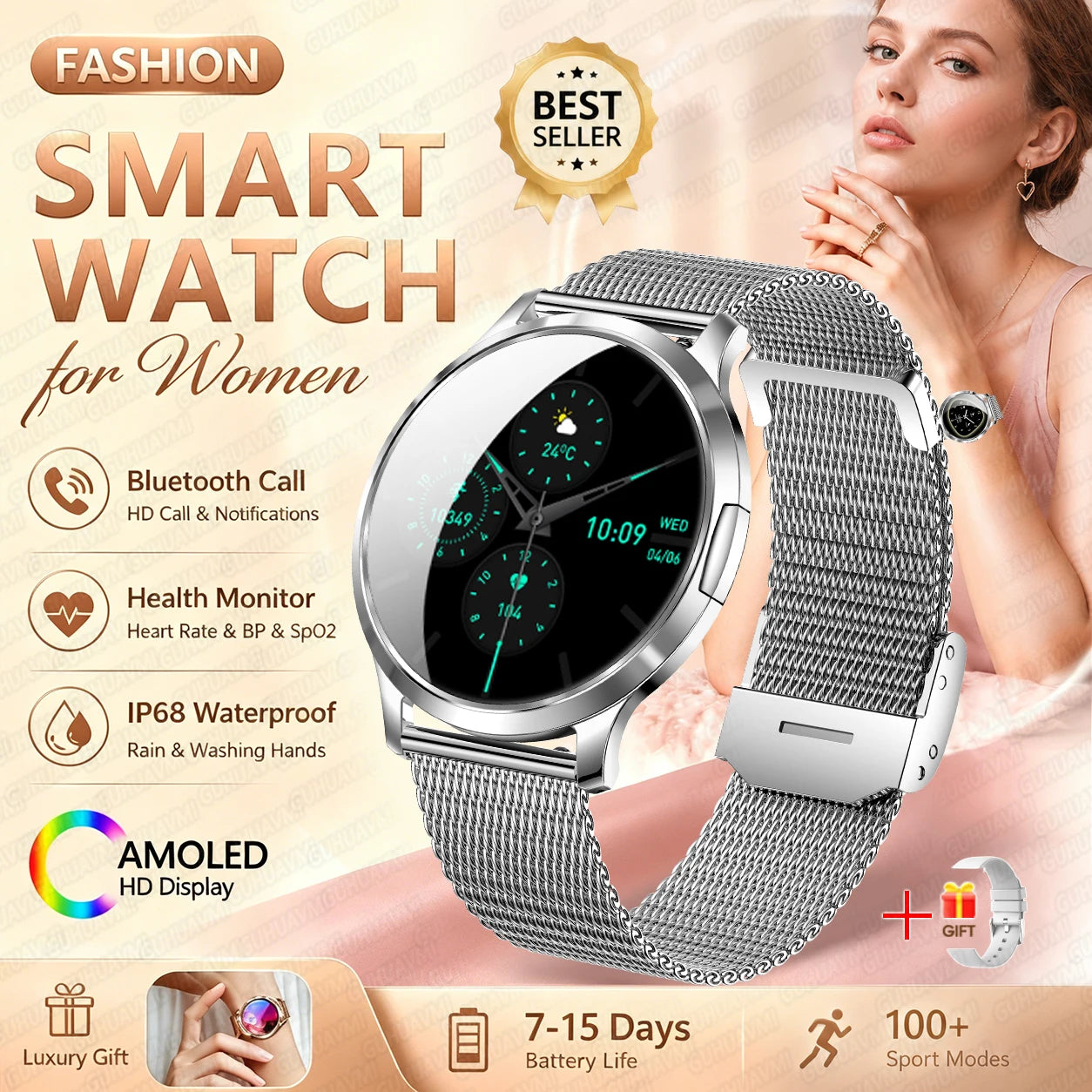 Fashion Women Smart Watch 1.32”AMOLED 100+dials Heart Rate Blood Oxygen Blood Pressure Monitoring Waterproof Give a Gift 2026New