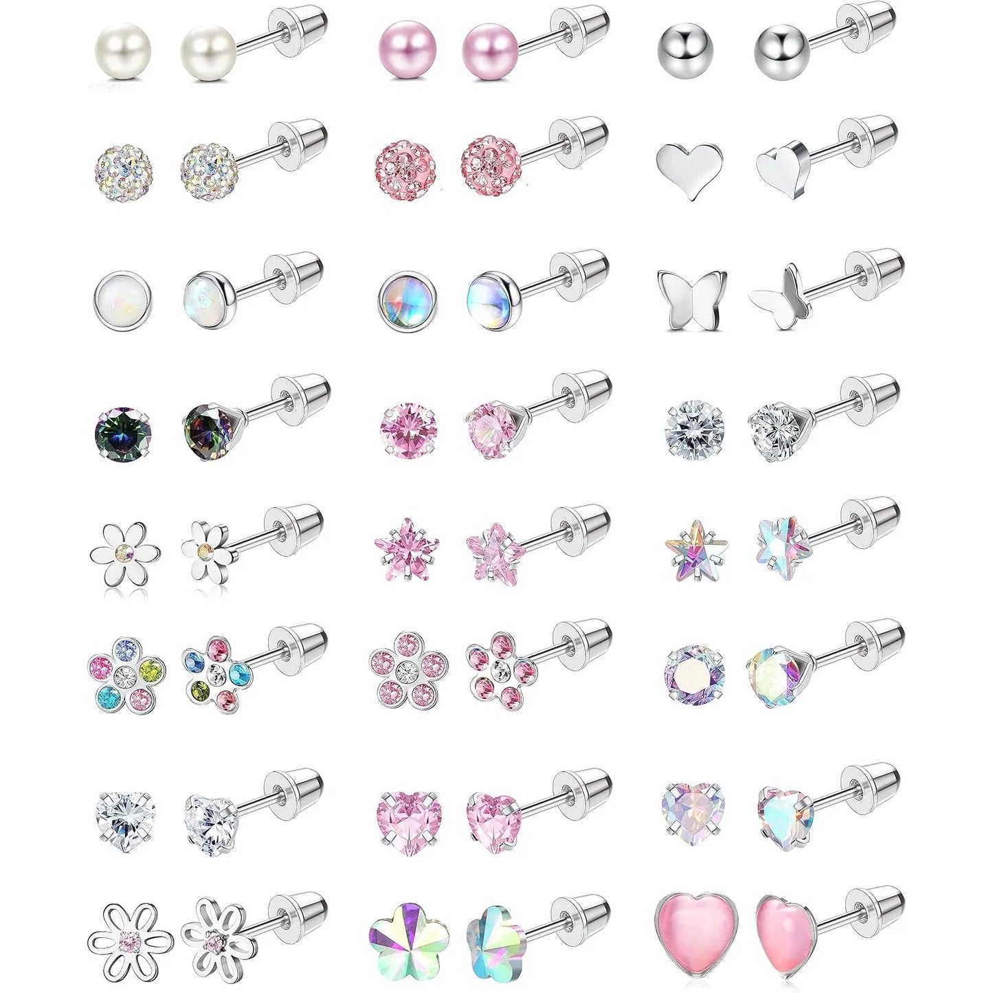 24Pairs Stainless Steel Stud Earrings for Women CZ Screw Back 4mm Tiny Flat Back Studs Cute Dainty Jewelry Gift Set 16G 18G