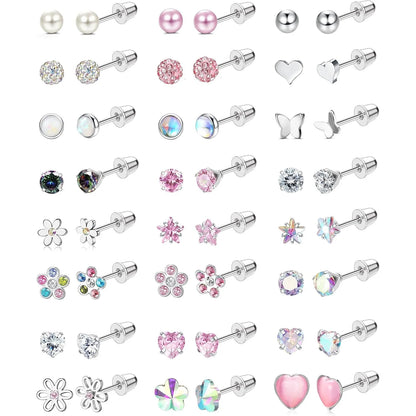 24Pairs Stainless Steel Stud Earrings for Women CZ Screw Back 4mm Tiny Flat Back Studs Cute Dainty Jewelry Gift Set 16G 18G