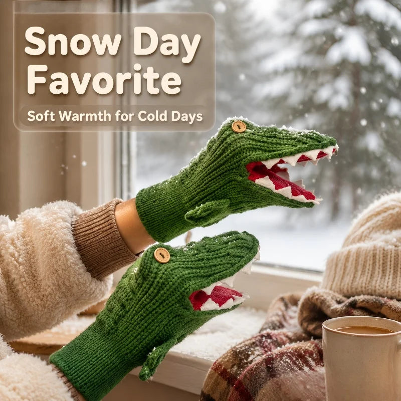 Cute Crocodile Knitted Mittens, Funny 3D Animal Design Warm Winter Full-Finger Gloves, Soft Knit Hand Warmers, Novelty Dress-up Gloves for Women Men, Perfect Christmas Holiday Gift Choice, Ideal for Daily Outdoor Cold Weather