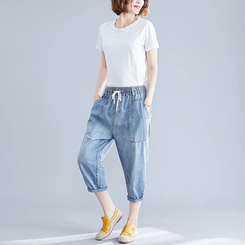 plus Size Women's Denim Jeans Seven-Foot Casual Thin Waed Harlan Wide Leg Pants Elastic Waist Versatile Summer Thin