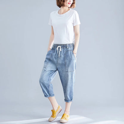 plus Size Women's Denim Jeans Seven-Foot Casual Thin Waed Harlan Wide Leg Pants Elastic Waist Versatile Summer Thin