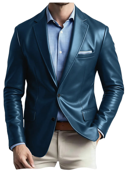 Men's Faux Leather Blazer Notch Lapel Flap Pockets Slim Fit Suit Jacket Coats For Casual Business Wedding Party